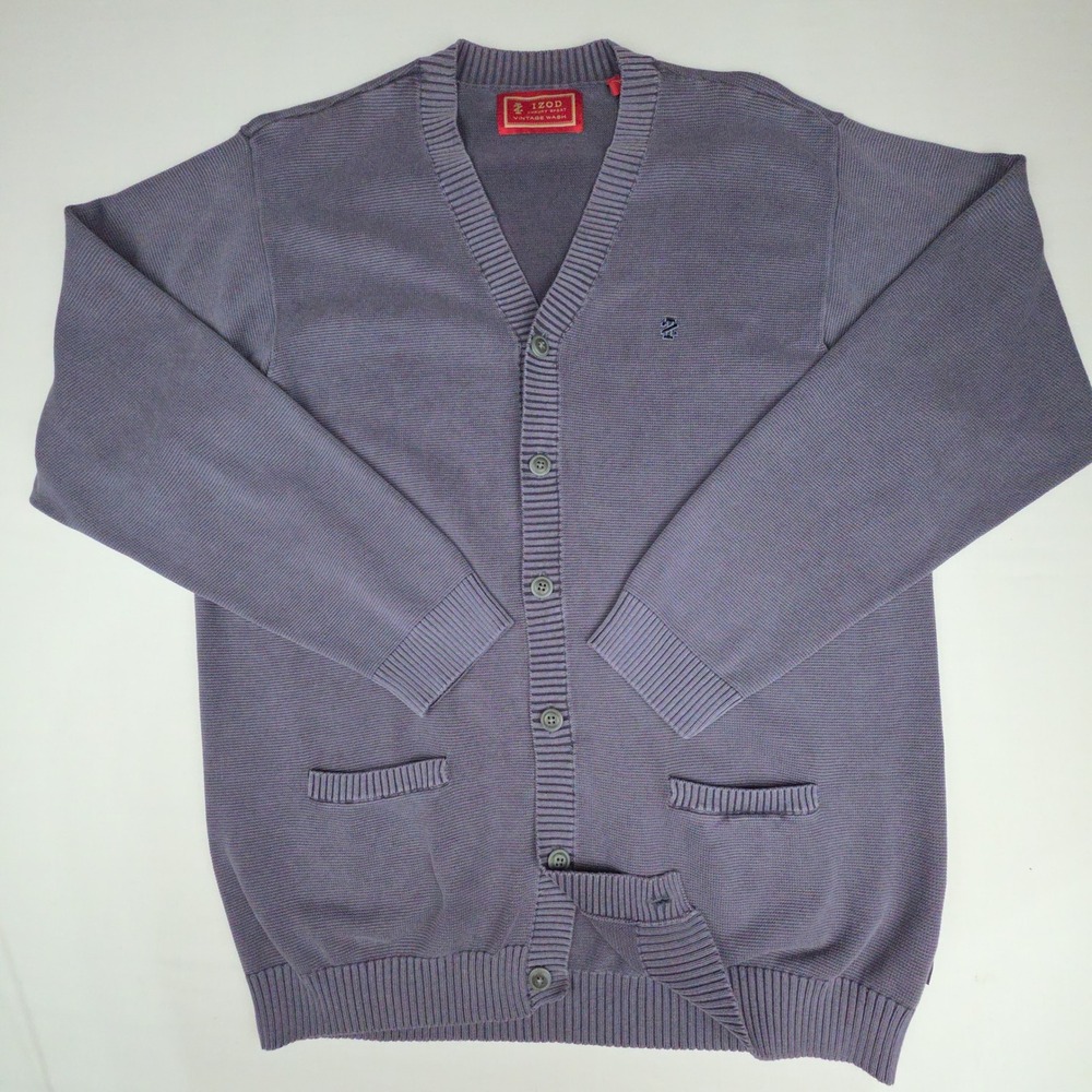 IZOD Cardigan Sweater Mens XL Luxury Sport Vintage Wash Purple Cotton Pockets